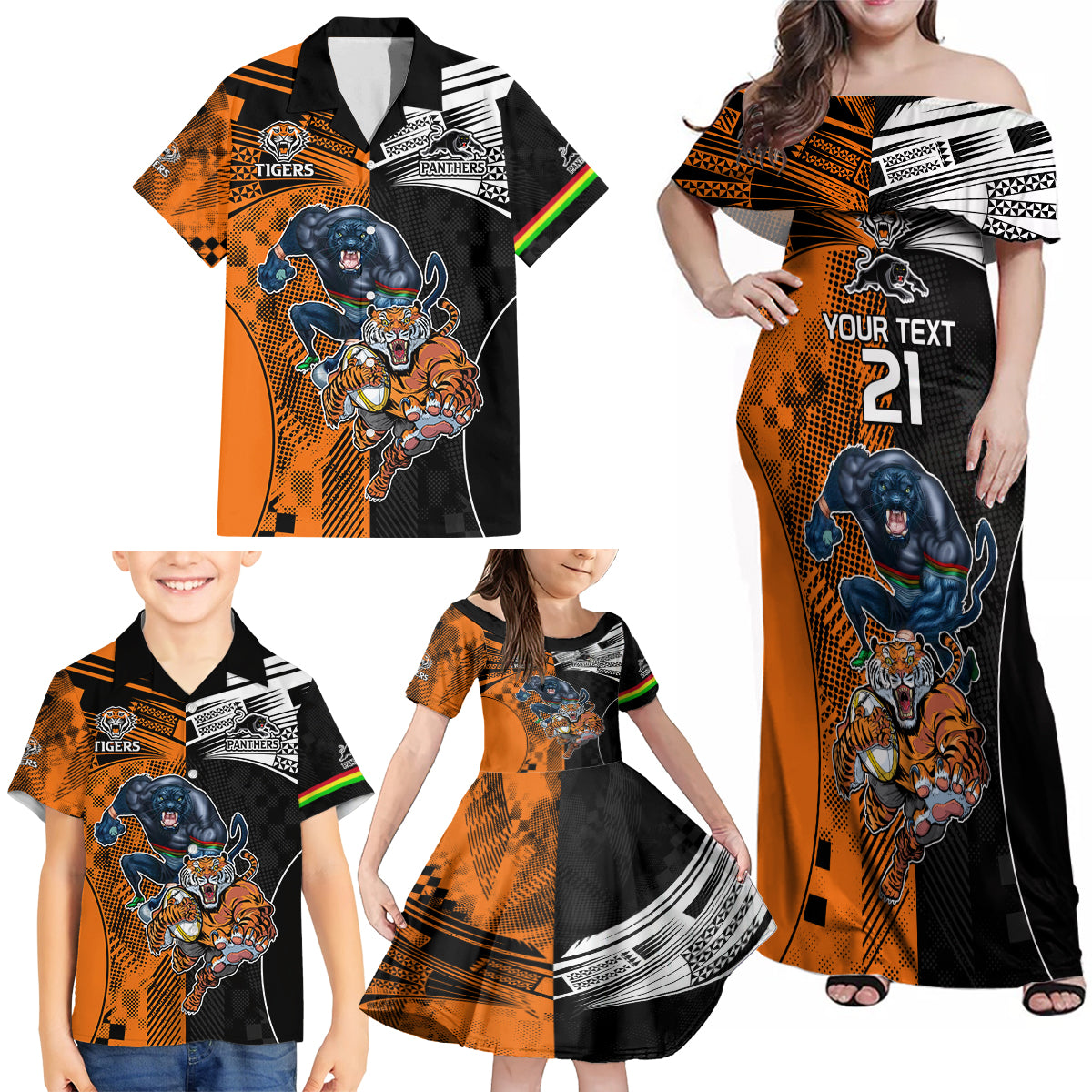 Custom NRL Tigers Combine Panthers Rugby Family Matching Off Shoulder Maxi Dress and Hawaiian Shirt Sporty Style LT9