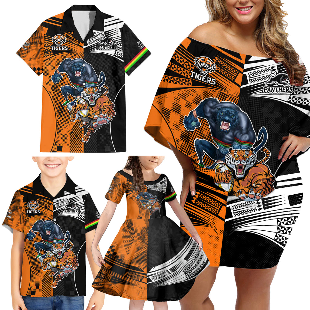 Custom NRL Tigers Combine Panthers Rugby Family Matching Off Shoulder Short Dress and Hawaiian Shirt Sporty Style LT9