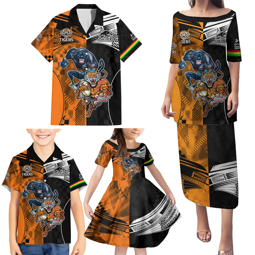 Custom NRL Tigers Combine Panthers Rugby Family Matching Puletasi Dress and Hawaiian Shirt Sporty Style LT9