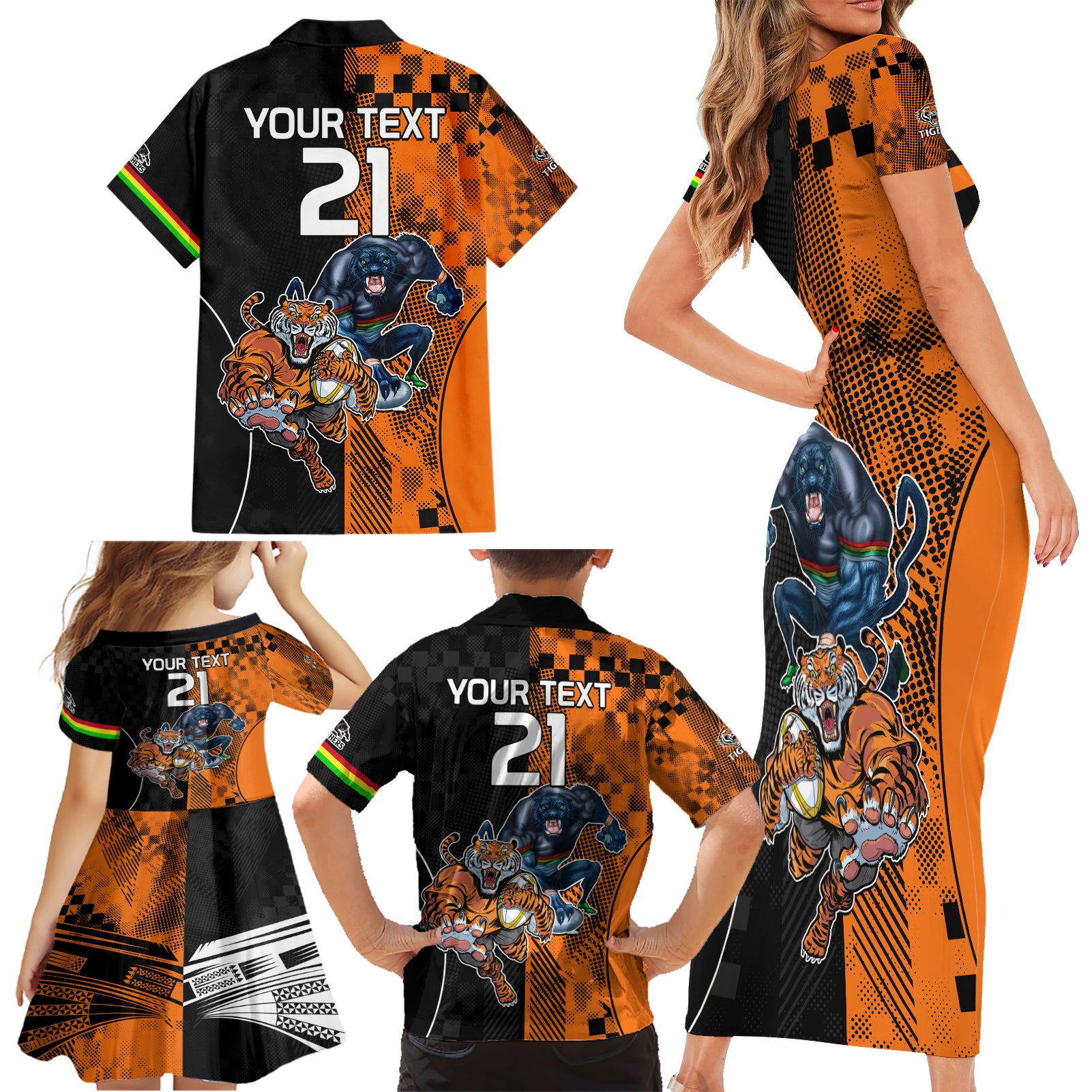 Custom NRL Tigers Combine Panthers Rugby Family Matching Short Sleeve Bodycon Dress and Hawaiian Shirt Sporty Style LT9