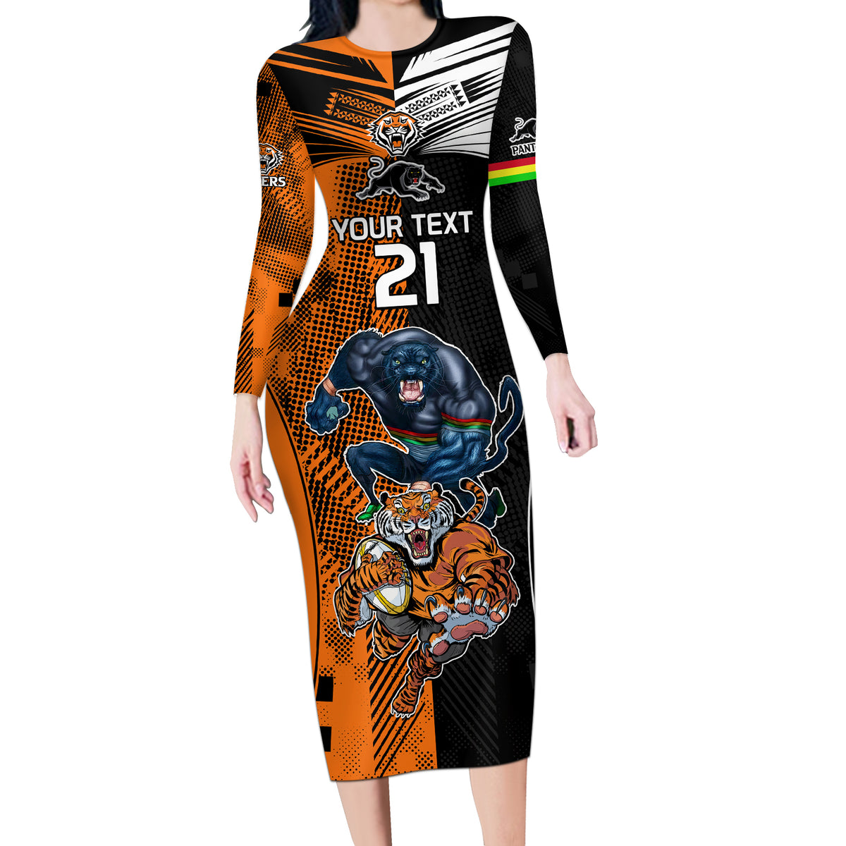 Custom NRL Tigers Combine Panthers Rugby Long Sleeve Bodycon Dress Sporty Style LT9