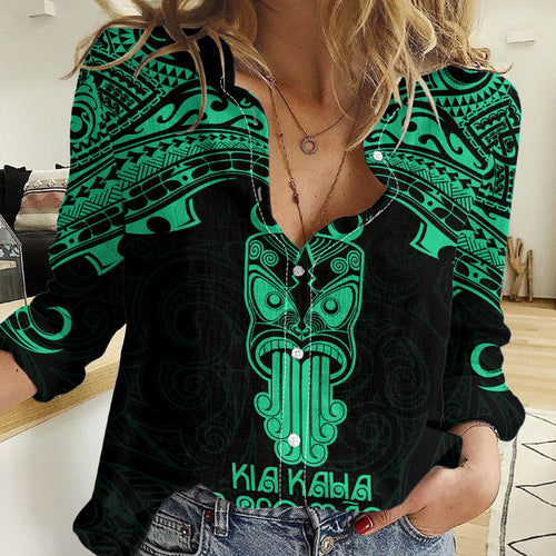 Personalised New Zealand Te Reo Maori Women Casual Shirt Kia Kaha Maori Language Week Green Style LT9