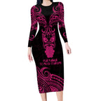 Personalised New Zealand Te Reo Maori Long Sleeve Bodycon Dress Kia Kaha Maori Language Week Pink Style LT9