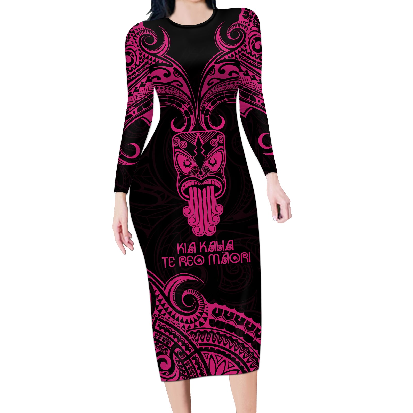 Personalised New Zealand Te Reo Maori Long Sleeve Bodycon Dress Kia Kaha Maori Language Week Pink Style LT9