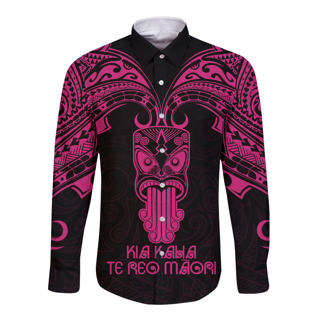Personalised New Zealand Te Reo Maori Long Sleeve Button Shirt Kia Kaha Maori Language Week Pink Style LT9