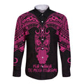 Personalised New Zealand Te Reo Maori Long Sleeve Button Shirt Kia Kaha Maori Language Week Pink Style LT9