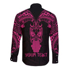 Personalised New Zealand Te Reo Maori Long Sleeve Button Shirt Kia Kaha Maori Language Week Pink Style LT9