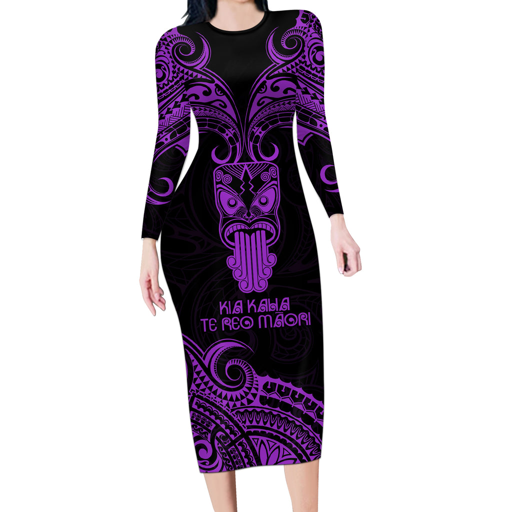 Personalised New Zealand Te Reo Maori Long Sleeve Bodycon Dress Kia Kaha Maori Language Week Purple Style LT9