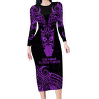 Personalised New Zealand Te Reo Maori Long Sleeve Bodycon Dress Kia Kaha Maori Language Week Purple Style LT9