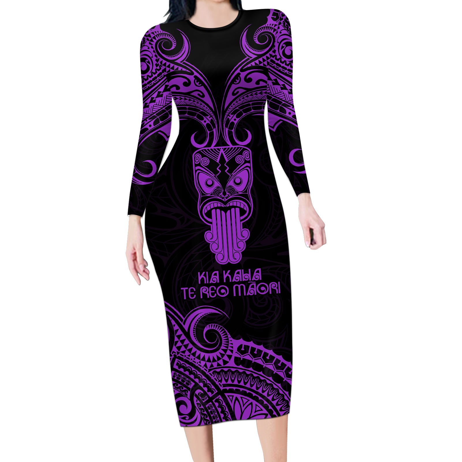 Personalised New Zealand Te Reo Maori Long Sleeve Bodycon Dress Kia Kaha Maori Language Week Purple Style LT9