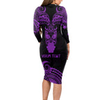 Personalised New Zealand Te Reo Maori Long Sleeve Bodycon Dress Kia Kaha Maori Language Week Purple Style LT9