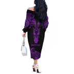 Personalised New Zealand Te Reo Maori Off The Shoulder Long Sleeve Dress Kia Kaha Maori Language Week Purple Style LT9