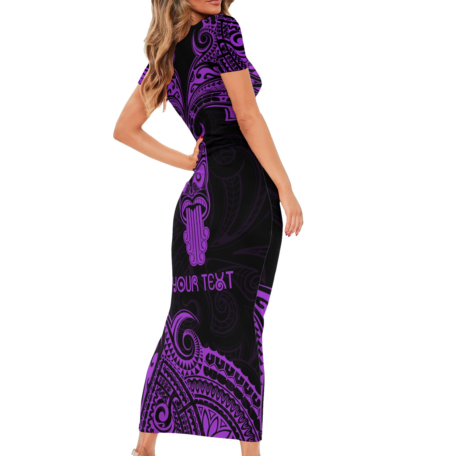 Personalised New Zealand Te Reo Maori Short Sleeve Bodycon Dress Kia Kaha Maori Language Week Purple Style LT9