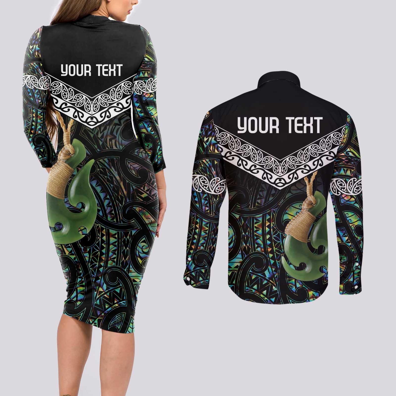 Personalised Maori Manaia Couples Matching Long Sleeve Bodycon Dress and Long Sleeve Button Shirt New Zealand Tribal Hei Matau Papua Shell