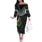 Personalised Maori Manaia Off The Shoulder Long Sleeve Dress New Zealand Tribal Hei Matau Papua Shell