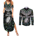 Custom New Zealand Couples Matching Summer Maxi Dress and Long Sleeve Button Shirt Maori Rugby Tattoo Papua Shell