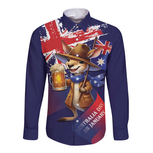 Australia Day Kangaroo Flag Long Sleeve Button Shirt Aussie Aussie Aussie Oi Oi Oi - Aussie Hoodie