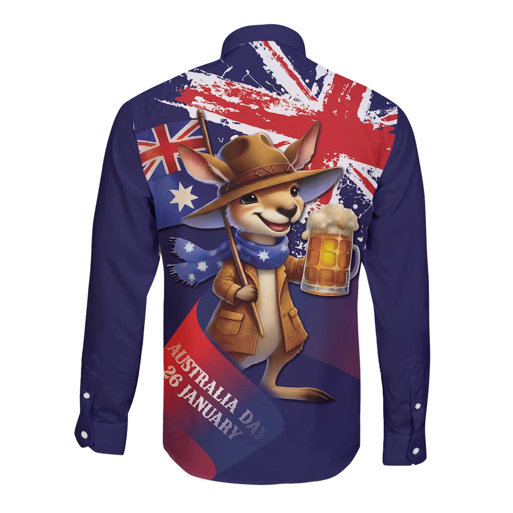 Australia Day Kangaroo Flag Long Sleeve Button Shirt Aussie Aussie Aussie Oi Oi Oi - Aussie Hoodie