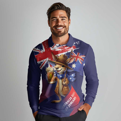 Australia Day Kangaroo Flag Long Sleeve Polo Shirt Aussie Aussie Aussie Oi Oi Oi - Aussie Hoodie