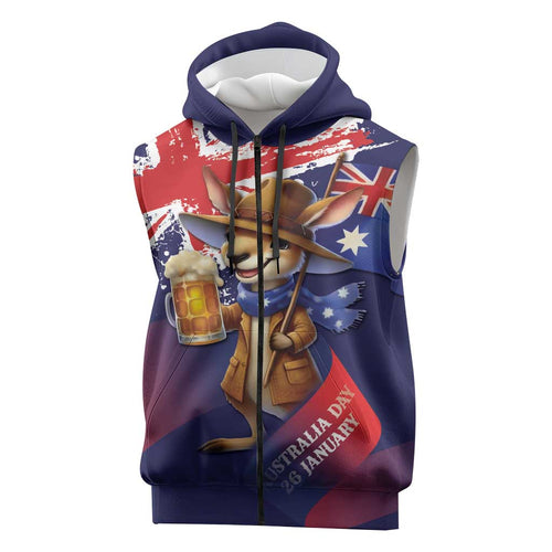 Australia Day Kangaroo Flag Sleeveless Zip Hoodie Aussie Aussie Aussie Oi Oi Oi - Aussie Hoodie
