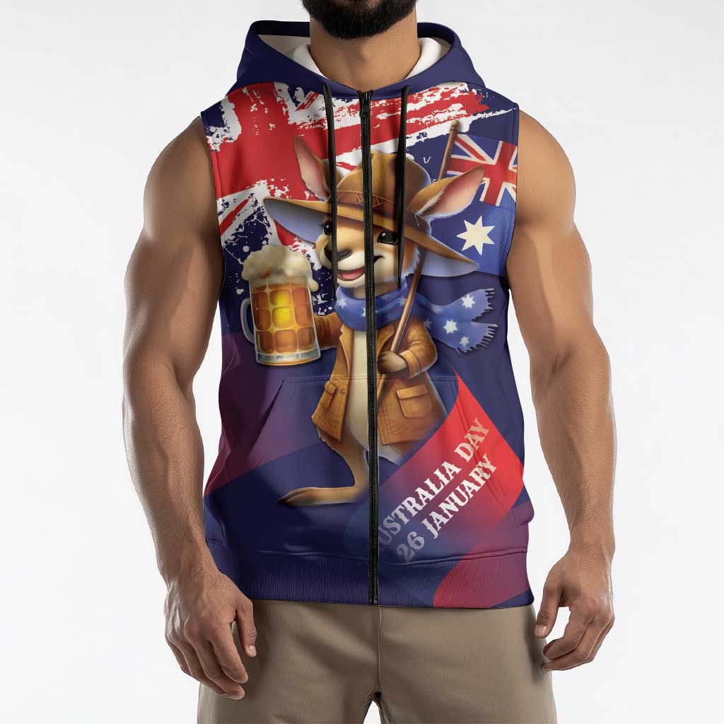Australia Day Kangaroo Flag Sleeveless Zip Hoodie Aussie Aussie Aussie Oi Oi Oi - Aussie Hoodie