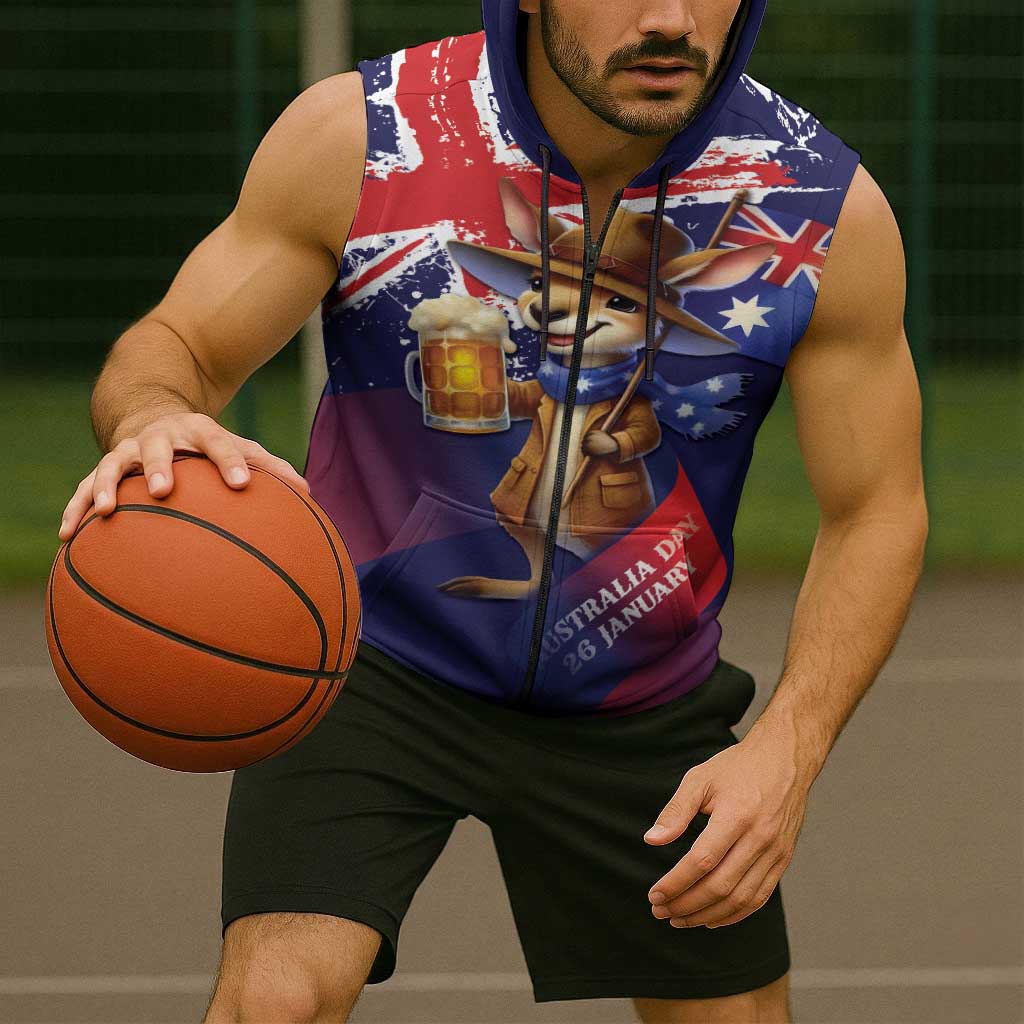 Australia Day Kangaroo Flag Sleeveless Zip Hoodie Aussie Aussie Aussie Oi Oi Oi - Aussie Hoodie