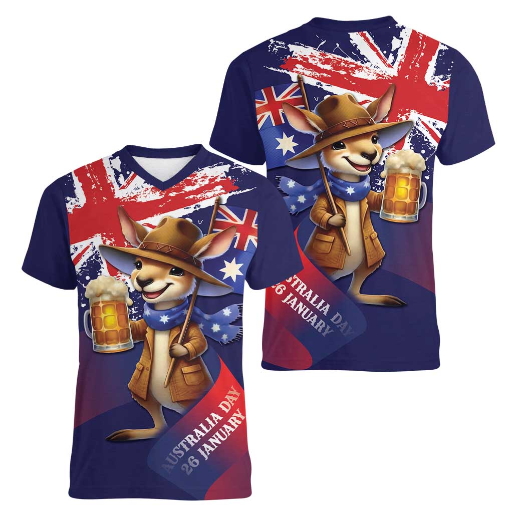 Australia Day Kangaroo Flag Women V-Neck T-Shirt Aussie Aussie Aussie Oi Oi Oi - Aussie Hoodie