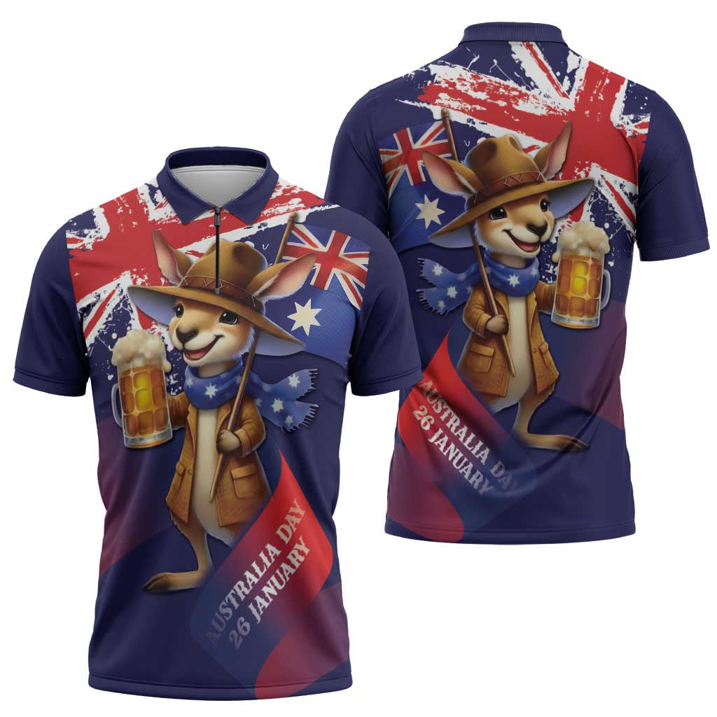Australia Day Kangaroo Flag Zipper Polo Shirt Aussie Aussie Aussie Oi Oi Oi - Aussie Hoodie
