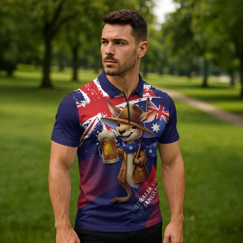 Australia Day Kangaroo Flag Zipper Polo Shirt Aussie Aussie Aussie Oi Oi Oi - Aussie Hoodie