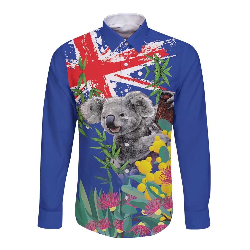 Australia Day Koala Long Sleeve Button Shirt Aussie Aussie Aussie Oi Oi Oi Blue Color - Aussie Hoodie