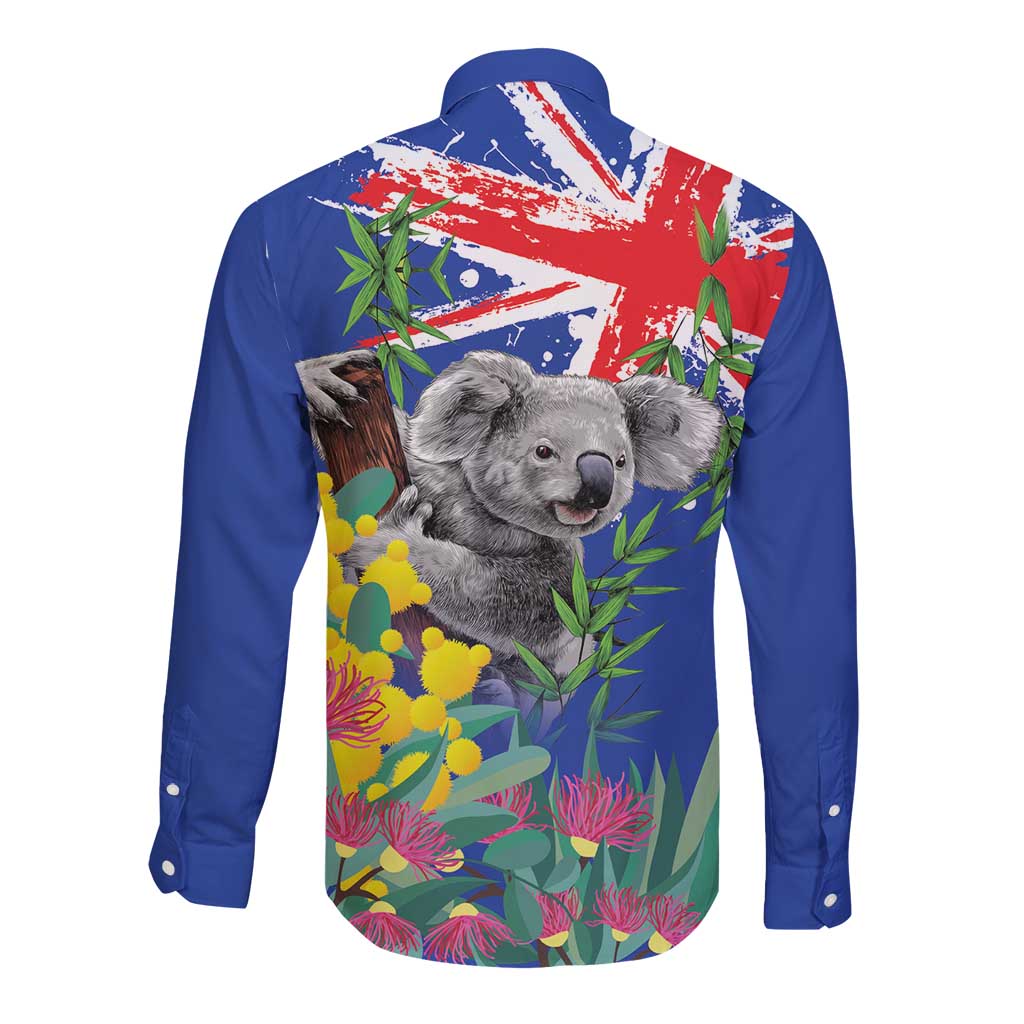 Australia Day Koala Long Sleeve Button Shirt Aussie Aussie Aussie Oi Oi Oi Blue Color - Aussie Hoodie