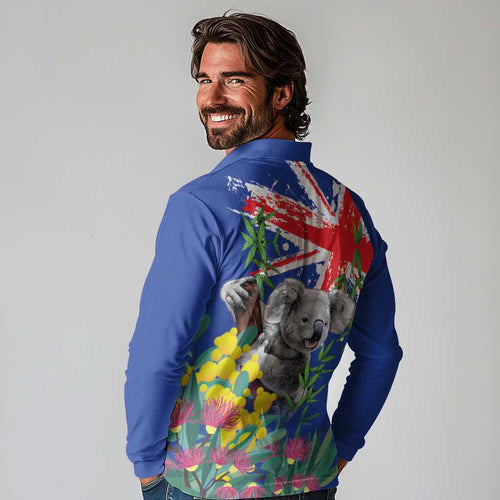 Australia Day Koala Long Sleeve Polo Shirt Aussie Aussie Aussie Oi Oi Oi Blue Color - Aussie Hoodie