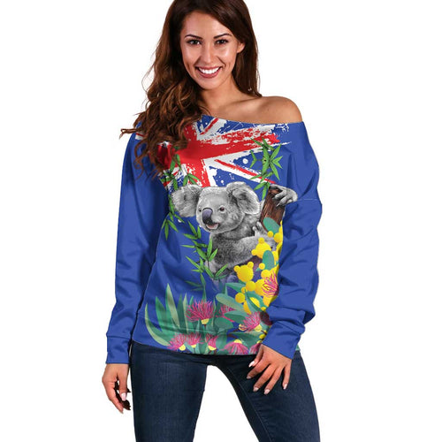 Australia Day Koala Off Shoulder Sweater Aussie Aussie Aussie Oi Oi Oi Blue Color - Aussie Hoodie