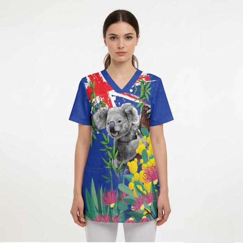 Australia Day Koala Scrub Top Aussie Aussie Aussie Oi Oi Oi Blue Color - Aussie Hoodie