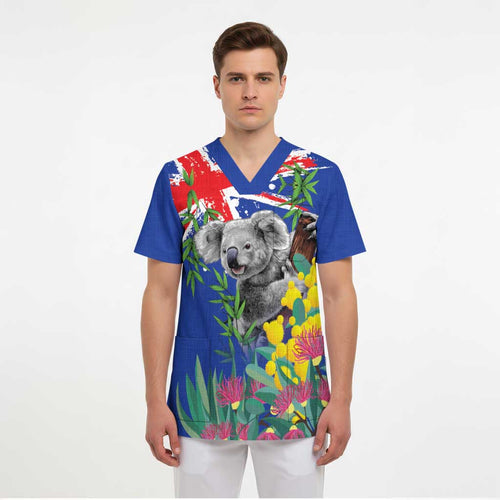 Australia Day Koala Scrub Top Aussie Aussie Aussie Oi Oi Oi Blue Color - Aussie Hoodie