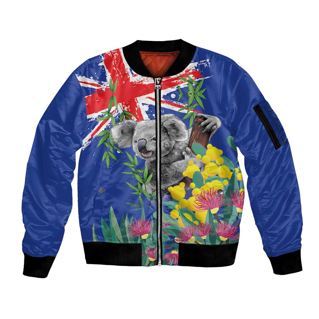 Australia Day Koala Sleeve Zip Bomber Jacket Aussie Aussie Aussie Oi Oi Oi Blue Color - Aussie Hoodie