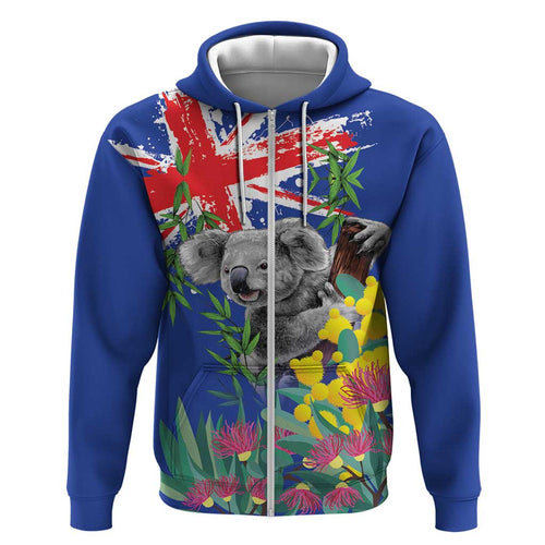 Australia Day Koala Zip Hoodie Aussie Aussie Aussie Oi Oi Oi Blue Color - Aussie Hoodie