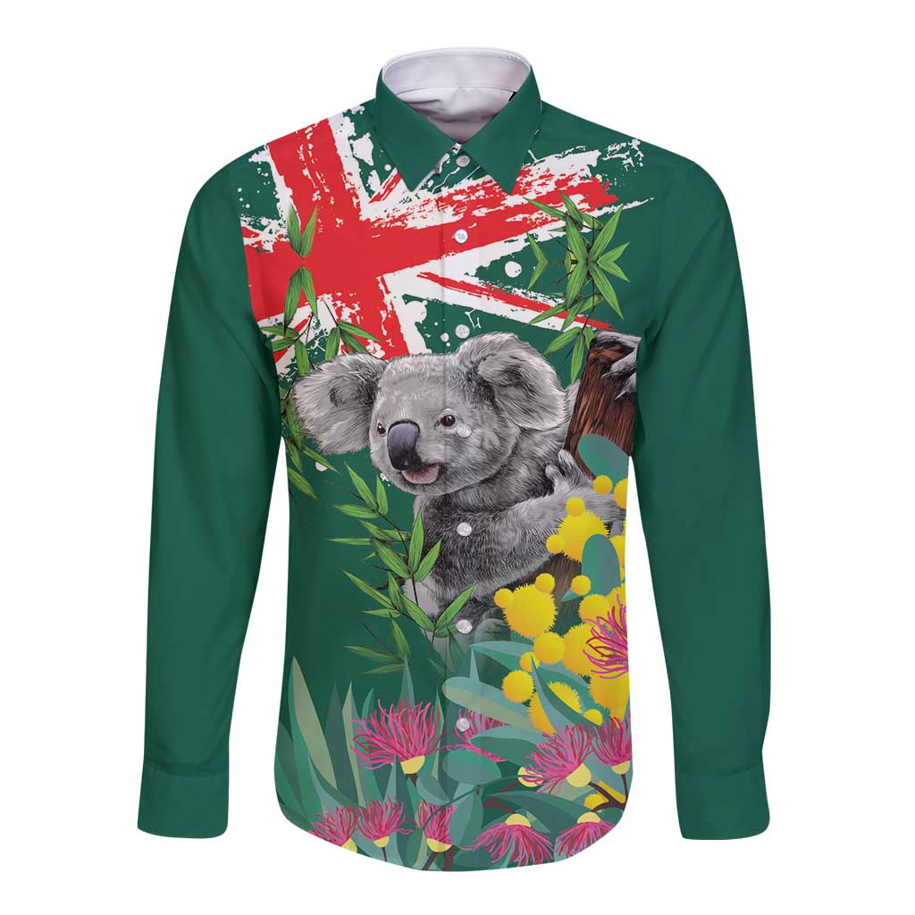Australia Day Koala Long Sleeve Button Shirt Aussie Aussie Aussie Oi Oi Oi National Color - Aussie Hoodie