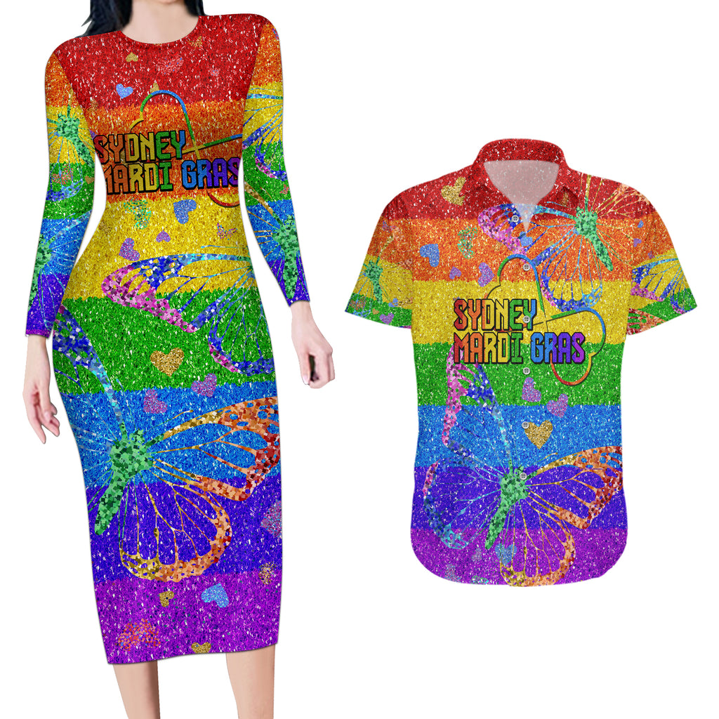 Sydney Mardi Gras Couples Matching Long Sleeve Bodycon Dress and Hawaiian Shirt Pride Rainbow Glitter Colorful Style