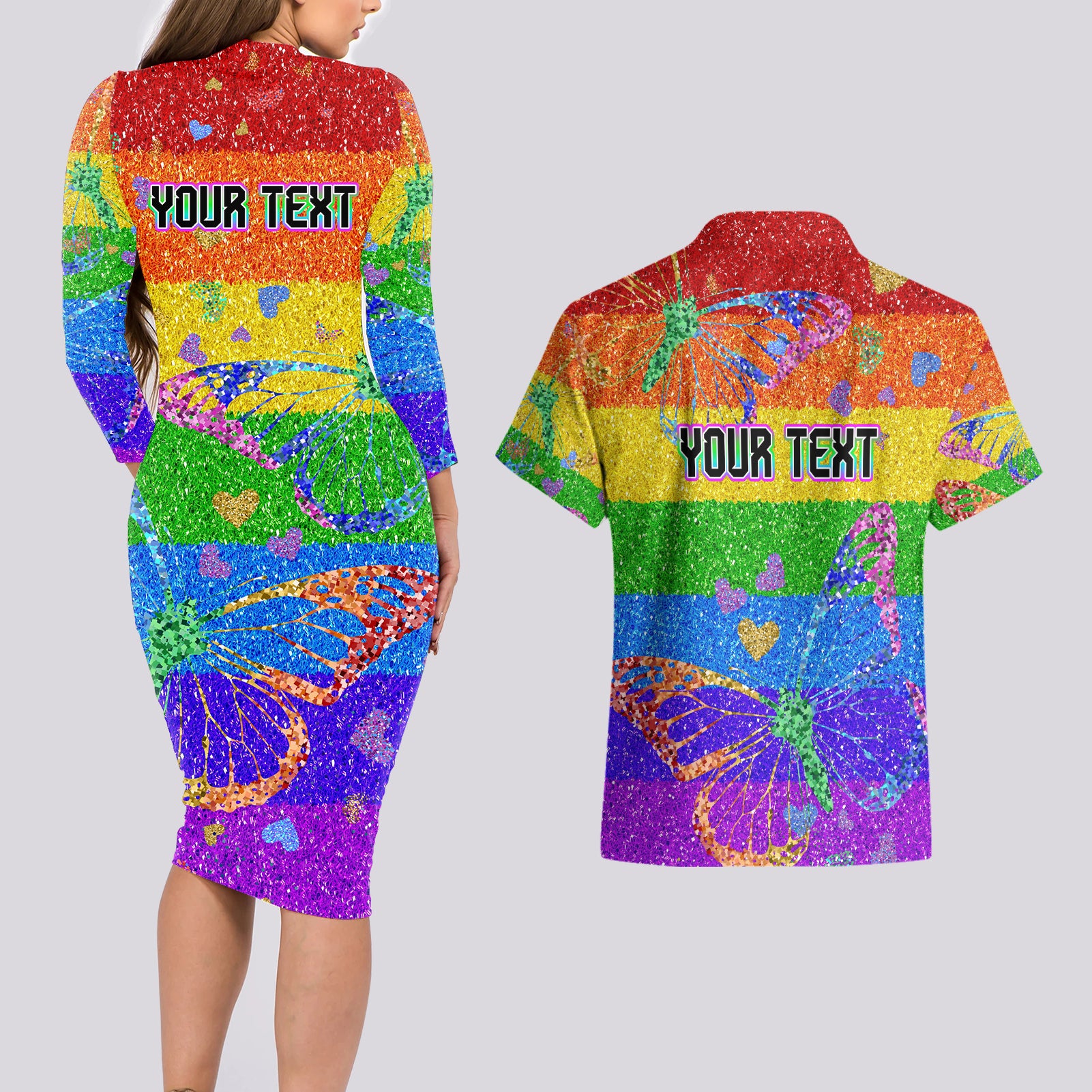 Sydney Mardi Gras Couples Matching Long Sleeve Bodycon Dress and Hawaiian Shirt Pride Rainbow Glitter Colorful Style