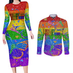 Sydney Mardi Gras Couples Matching Long Sleeve Bodycon Dress and Long Sleeve Button Shirt Pride Rainbow Glitter Colorful Style