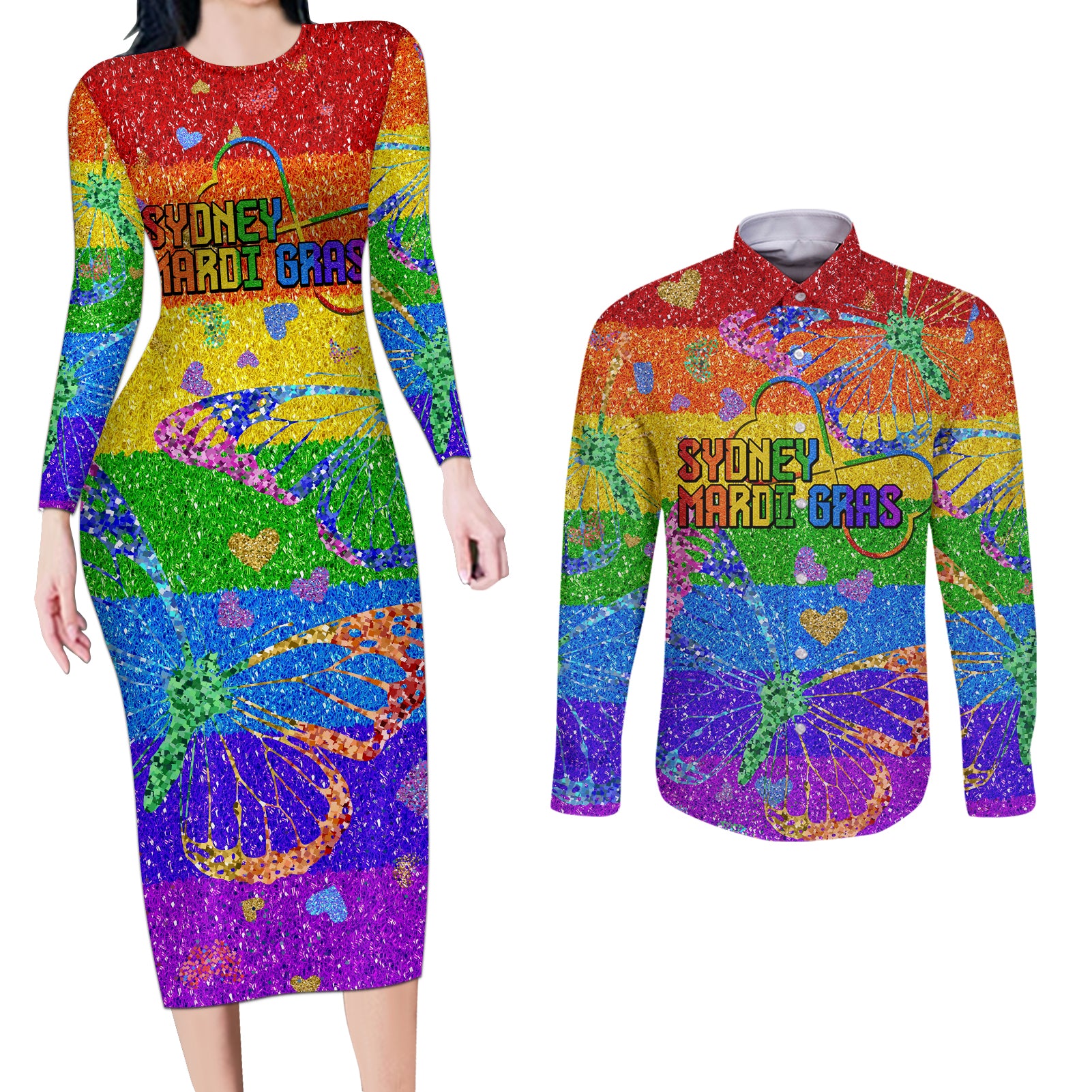 Sydney Mardi Gras Couples Matching Long Sleeve Bodycon Dress and Long Sleeve Button Shirt Pride Rainbow Glitter Colorful Style