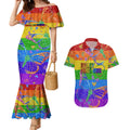 Sydney Mardi Gras Couples Matching Mermaid Dress and Hawaiian Shirt Pride Rainbow Glitter Colorful Style