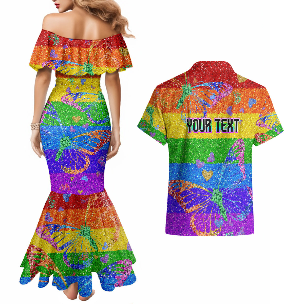Sydney Mardi Gras Couples Matching Mermaid Dress and Hawaiian Shirt Pride Rainbow Glitter Colorful Style