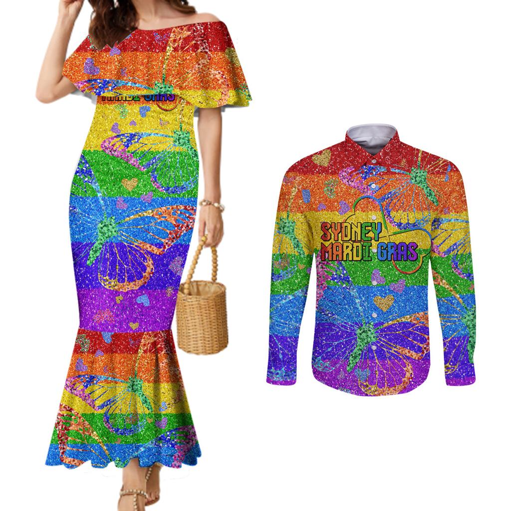 Sydney Mardi Gras Couples Matching Mermaid Dress and Long Sleeve Button Shirt Pride Rainbow Glitter Colorful Style