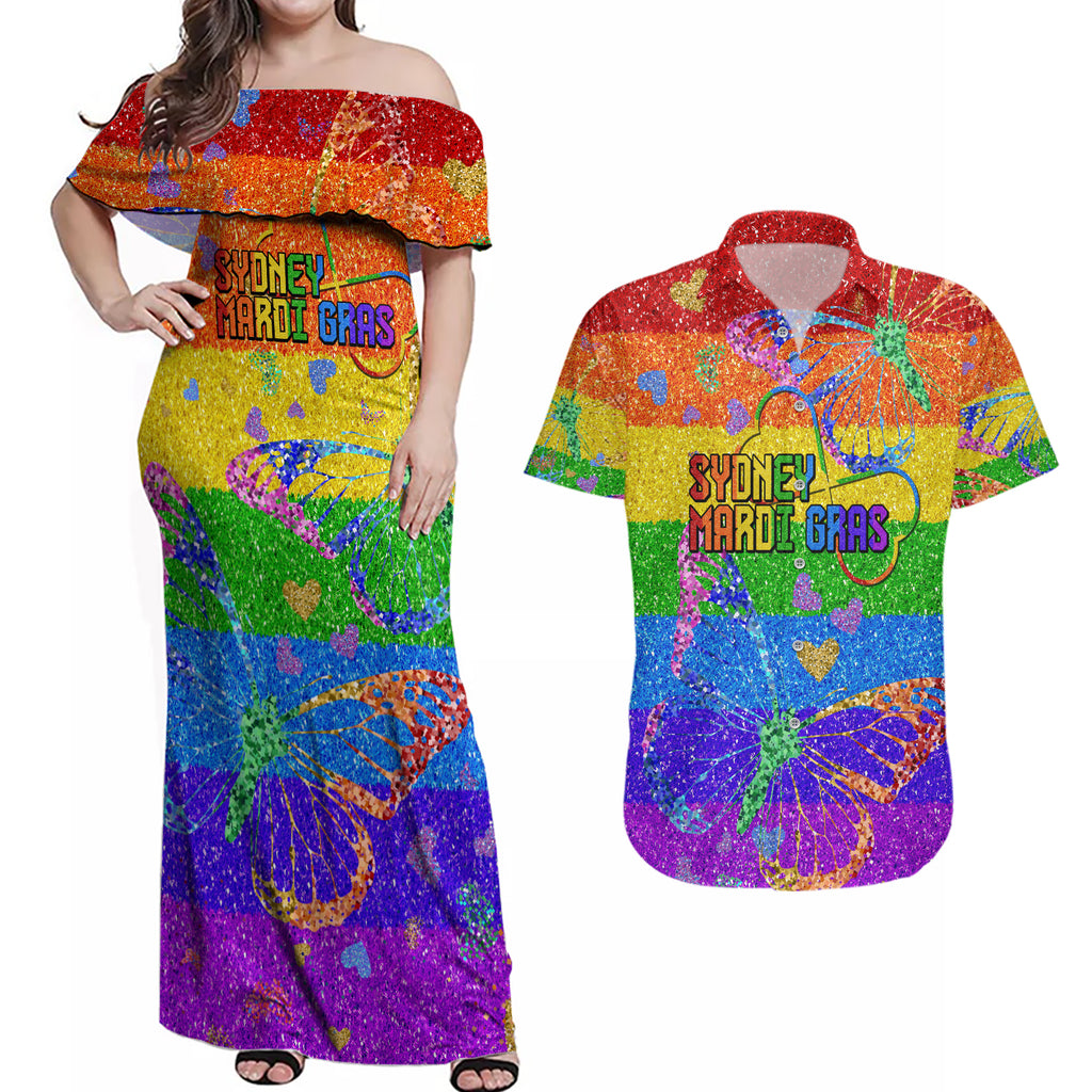 Sydney Mardi Gras Couples Matching Off Shoulder Maxi Dress and Hawaiian Shirt Pride Rainbow Glitter Colorful Style