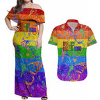 Sydney Mardi Gras Couples Matching Off Shoulder Maxi Dress and Hawaiian Shirt Pride Rainbow Glitter Colorful Style