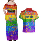 Sydney Mardi Gras Couples Matching Off Shoulder Maxi Dress and Hawaiian Shirt Pride Rainbow Glitter Colorful Style