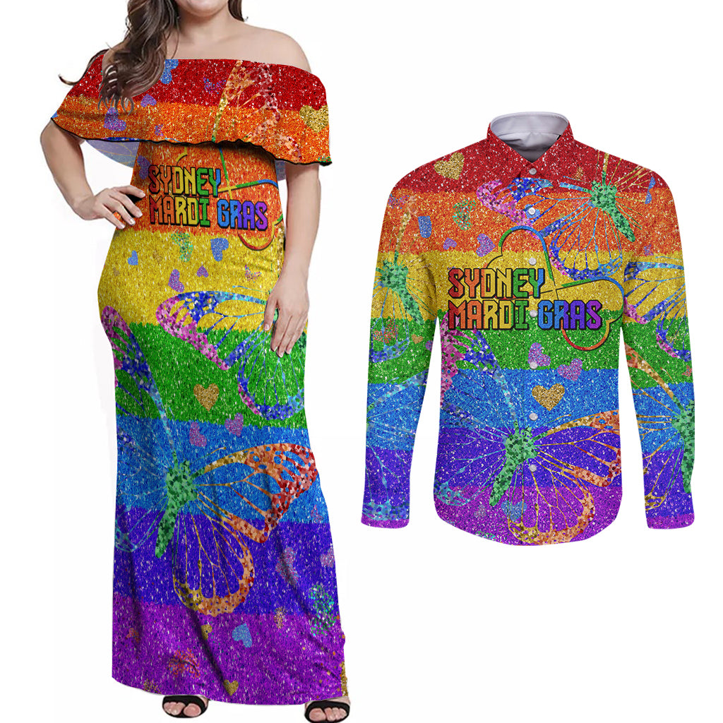 Sydney Mardi Gras Couples Matching Off Shoulder Maxi Dress and Long Sleeve Button Shirt Pride Rainbow Glitter Colorful Style