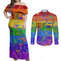 Sydney Mardi Gras Couples Matching Off Shoulder Maxi Dress and Long Sleeve Button Shirt Pride Rainbow Glitter Colorful Style